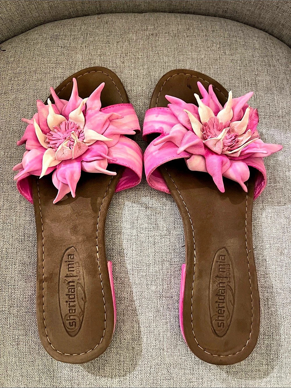 ShoeDazzle Floral Slide Sandals in Pink & Brown